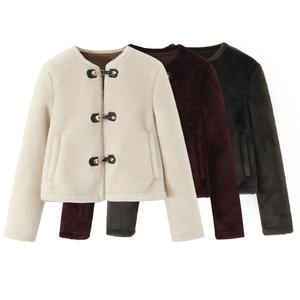 Women Elegant Short Faux Fur Jacket With Leather Metal Buckle Closure Long Sleeve Crew Neck Casual Solid Outerwear
