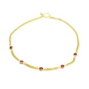 Gold choker necklace with red and black evil eye charms and lobster clasp closure