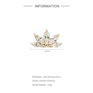 Detail of 925 sterling silver golden earring with marquise zirconia and 14mm size mark