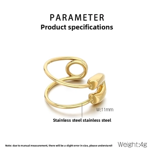 Detail of multi-layered gold stainless steel ring with 11mm width and 4g weight specs