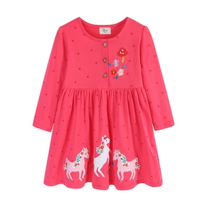 Girls long-sleeved pink dress with polka dots and unicorn embroidery in a classic fit