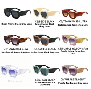 Detailed catalog of retro square sunglasses in nine color options including tortoiseshell
