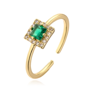 Gold plated emerald square zircon ring with adjustable open band for women