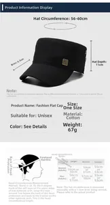 Size chart for cotton military flat top cap showing dimensions and head measurements