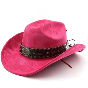 Detail of rose red suede cowboy hat with braided leather band and turquoise metal stud