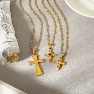Cross Pendant Necklace 18K Gold Plated Stainless Steel Star Geometric Jewelry For Women Elegant Minimalist Style