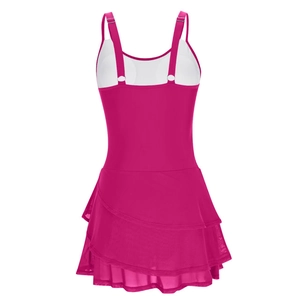 Detail view of the rose red one-piece swim dress with triple-layered ruffle hem