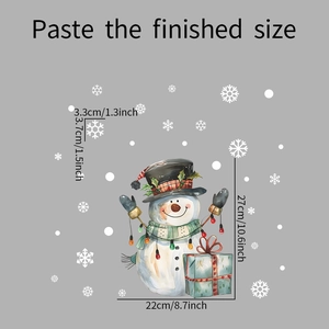 Detailed size chart for Christmas snowman wall sticker with precise dimensions in cm and inches