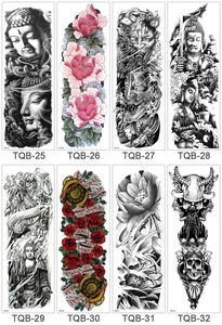 Detail showing eight temporary full arm tattoo designs including skulls, flowers and masks