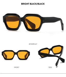 Detailed views of polygon sunglasses with bright black frames and orange lenses