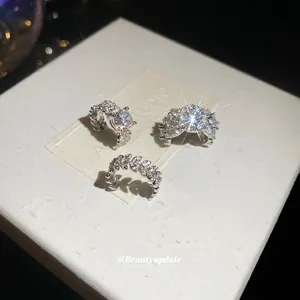 Shiny Zircon Ear Cuffs Copper Geometric Fashion Clip On Earrings With Silver Earring Post For Women