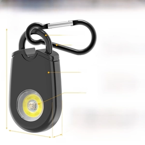 Detail view showing 130dB portable alarm dimensions 71x38x15mm and 27.5g weight