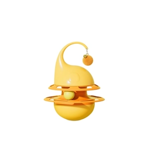 Interactive yellow tumbler cat toy with dual track balls and hanging bell plush pom