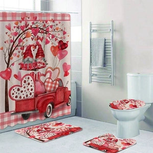 Valentine's Day bathroom set with gnome and heart pattern curtains and floor mats