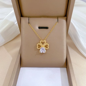 Heart Flower Clover Pendant Necklace Stainless Steel Chain Copper Micro Pave Cubic Zirconia For Women Elegant Jewelry