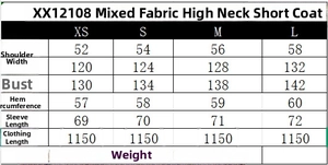 Detailed size chart for the short high-collar blended wool coat with precise measurements
