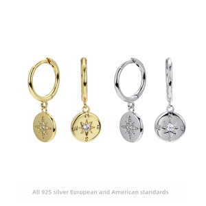 925 Sterling Silver Compass Star Hoop Earrings For Women Zirconia Inlaid North Star Dangle Earrings Fashion Jewelry
