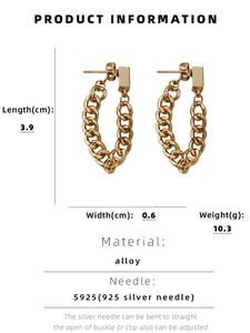 Detailed size specifications for gold chain drop earrings with S925 silver needle