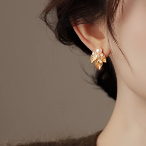 French vintage leaf pearl earrings with gold-plated finish and crystal accents for women