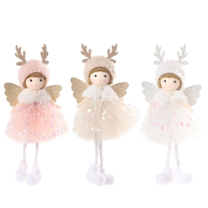 Three-piece Christmas plush angel doll ornaments with sequined skirts in pink and white