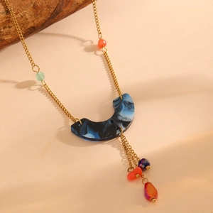 18K gold plated titanium necklace featuring a marble resin crescent pendant and colorful beads
