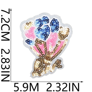 Detailed size view of bouquet sequin embroidery patch in pink and blue 7.2x5.9cm