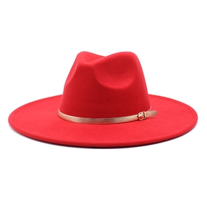 Classic red wide brim fedora hat with elegant gold buckle strap for a stylish look