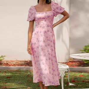 French Retro Floral Polyester Midi Dress Square Neck Puff Sleeve Backless Tie Back Slim Fit Romantic Vacation Women