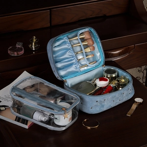 Velvet cosmetic bag set with star pattern and transparent PVC pouch for makeup storage
