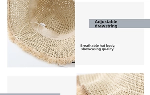 Detalle de sombrero de paja con bordes deshilachados, tejido y cordón ajustable interno