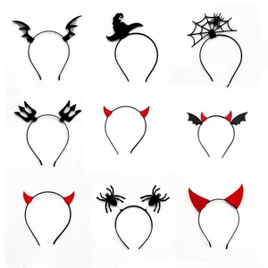 Macro display of nine Halloween headbands featuring bats, devil horns, and spider webs