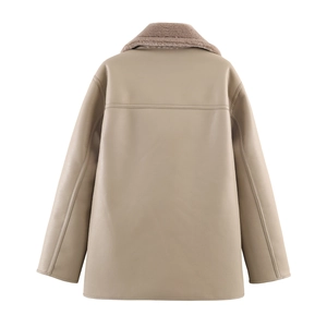 Back view of a khaki faux shearling reversible jacket with a thick fleece collar