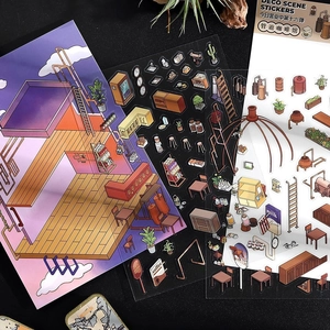 Coffee shop themed PET decorative stickers set with pixel art furniture and plants