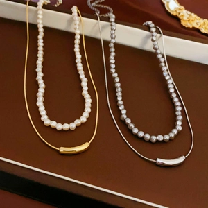 Double Layer Stacked Necklace With Imitation Artificial Pearls And Curved Metal Tube Pendant Copper Alloy Jewelry For Women