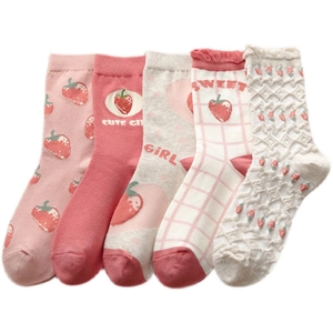 Set of 5 pink and white strawberry pattern cotton socks for women in various cute designs
