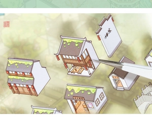 Macro view of 3D traditional Chinese architecture stickers with pre-cut easy peel feature