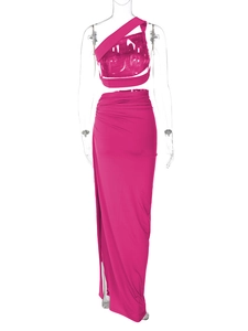 Detail of rose red one-shoulder crop top and high slit maxi skirt two-piece set