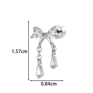 Silver bow chain earring with geometric zircon pendants and flat back piercing