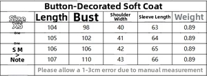 Size guide table for casual long-line coat featuring length, bust and weight measurements