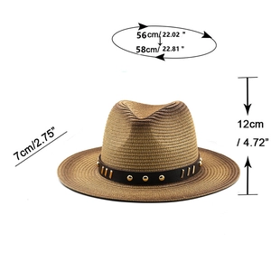 Brown woven straw Fedora hat with studded leather band and product size dimensions