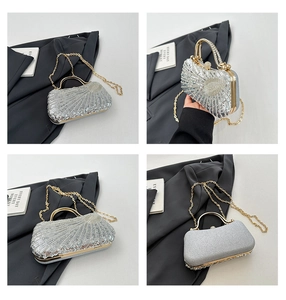 Four views of a silver sequined evening bag with a gold handle and chain strap