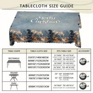 Size chart for Christmas tablecloths showing rectangle, round, and oval dimension guides