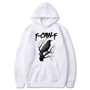 White hoodie featuring black F-CAW-F crow and bare tree graphic print with front pocket