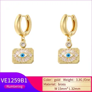 Gold-plated brass evil eye drop earrings featuring rectangle shape and zircon stones