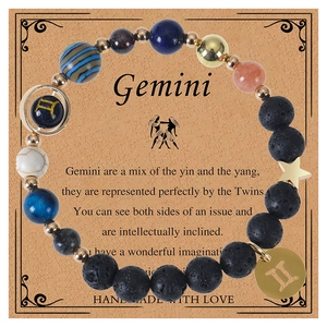 Gemini zodiac beaded bracelet with natural blue sandstone and lava rock stones