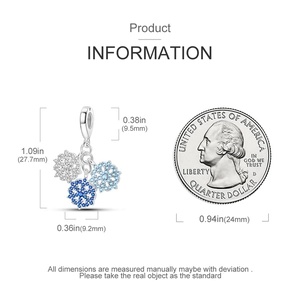 Comparaison de taille détaillée de breloques flocons bicolores à côté d'une pièce