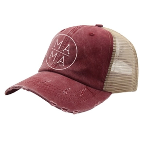 Distressed burgundy trucker hat with white MAMA logo print and breathable khaki mesh back