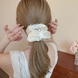 Elegant off-white satin hair scrunchie with sheer mesh and pearl accents for women