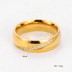 Irregular 6mm wide gold-tone stainless steel ring with pavé diamonds and 4.5g weight