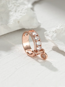 Detailed macro shot of S925 sterling silver stamp and rose gold zircon ring on stone